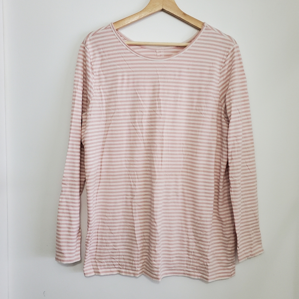 Bae The Label Medium Maternity Longsleeve Top Pink Stripe Flowy Back Slit Cotton